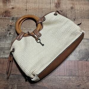 Y2K Fossil Brown Woven Straw Wooden Round Handles Satchel Purse Bag